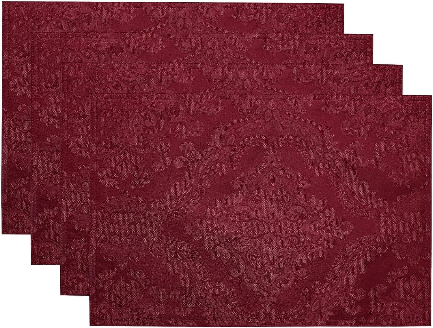 Caiden Elegance Damask Placemat, Set of 4 - 13" x 19" - Cranberry - Elrene Home Fashions