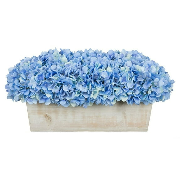 Faux Hydrangeas in White Wood Washed Ledge Planter Blue