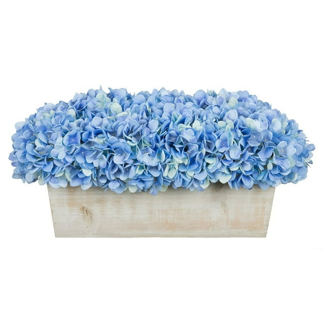 Faux Hydrangeas in White Wood Washed Ledge Planter Blue
