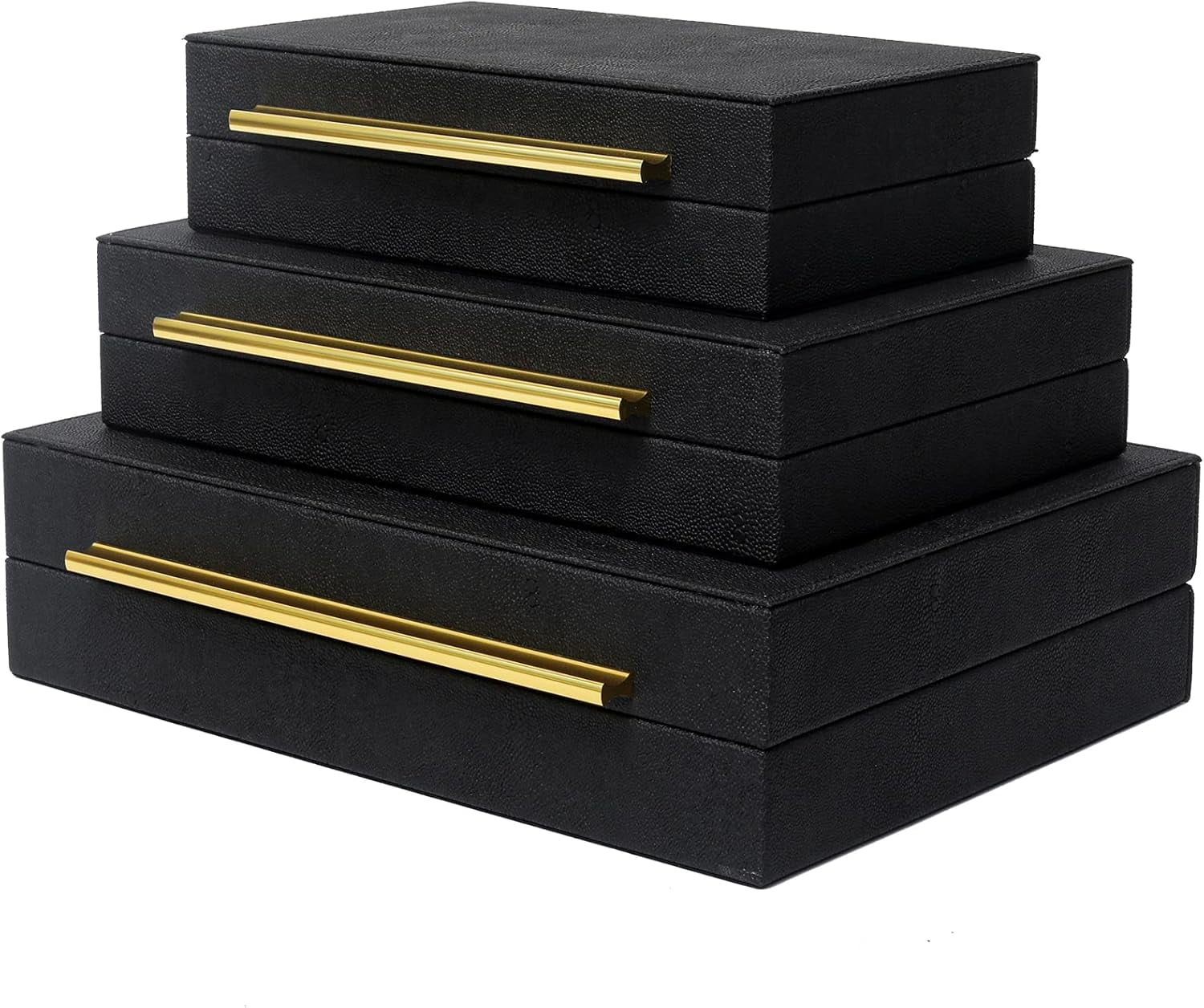 Faux  Leather Decorative Jewelry Storage Nesting Organizer Boxes with Lids Gold Handle Set of 3, Black