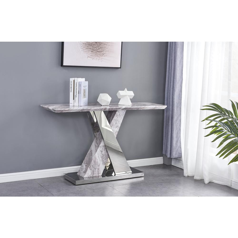 Faux White Marble Console Table with Silver Stainless Steel Base