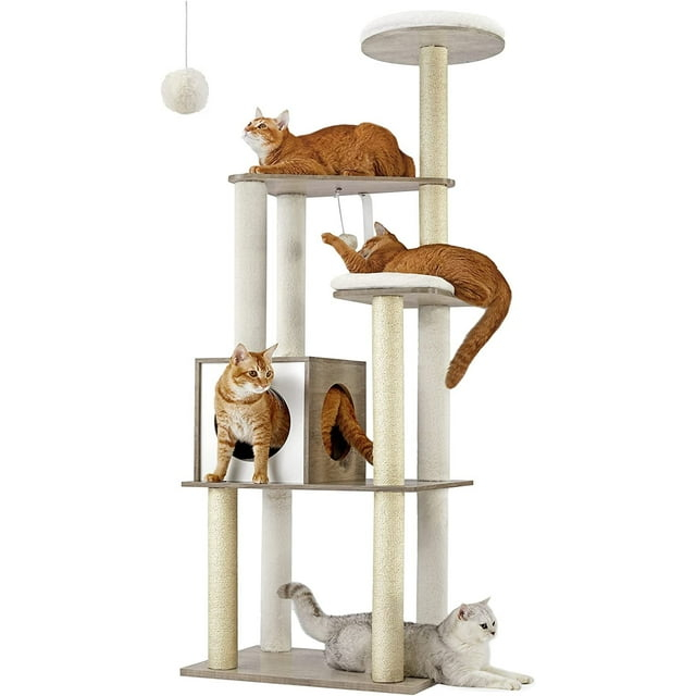 Feandrea WoodyWonders Cat Tree, 65-Inch Modern Cat Tower for Indoor Cats, Multi-Level Cat Condo with Scratching Posts, Cat Furniture, Greige