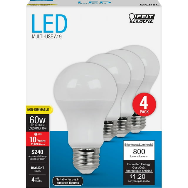 Feit Electric A19 E26 (Medium) LED Bulb Daylight 60 Watt Equivalence 4 pk
