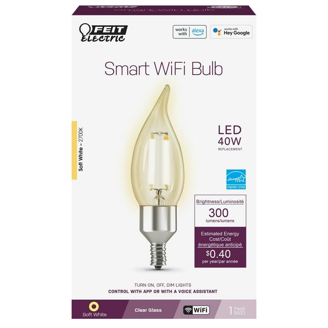 Feit Electric CFC40/927CA/FIL/AG 40 Watt Equivalent WiFi Dimmable, No Hub Required, Alexa or Google Assistant, Flame Tip Filament Chandelier LED Smart Light Bulb, 4.3" H x 1.4" D, 2700K Soft White