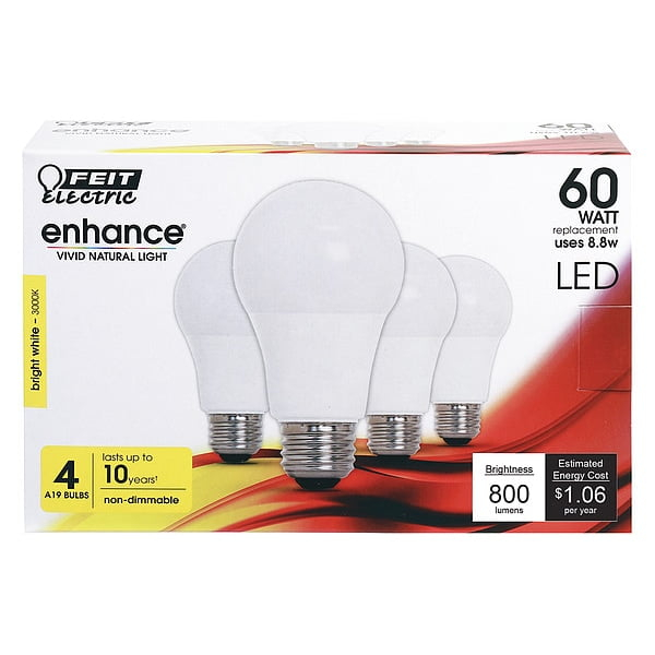 Feit Electric Enhance A19 E26 (Medium) LED Bulb Bright White 40 Watt Equivalence 4 pk