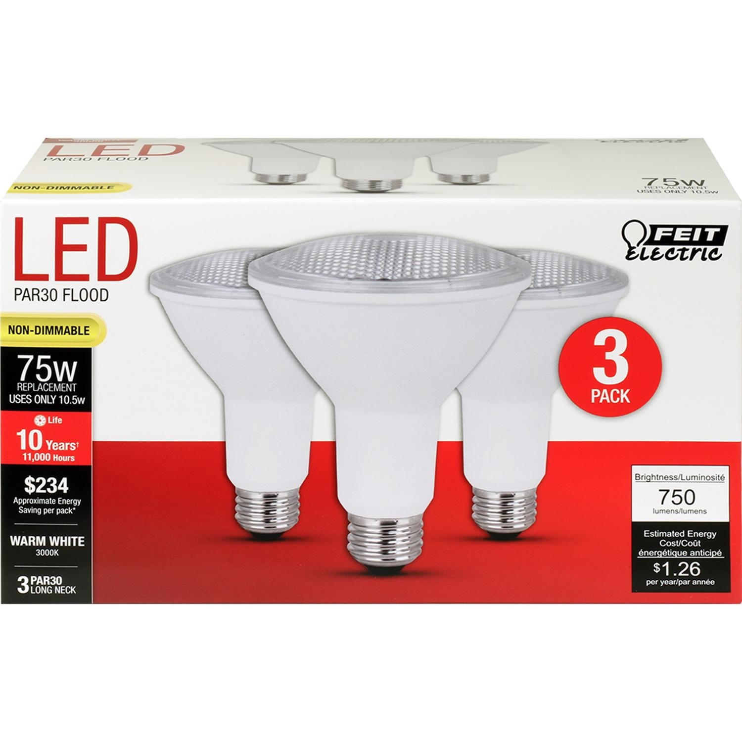 Feit Electric PAR30 E26 (Medium) LED Bulb Warm White 75 Watt Equivalence 3 pk