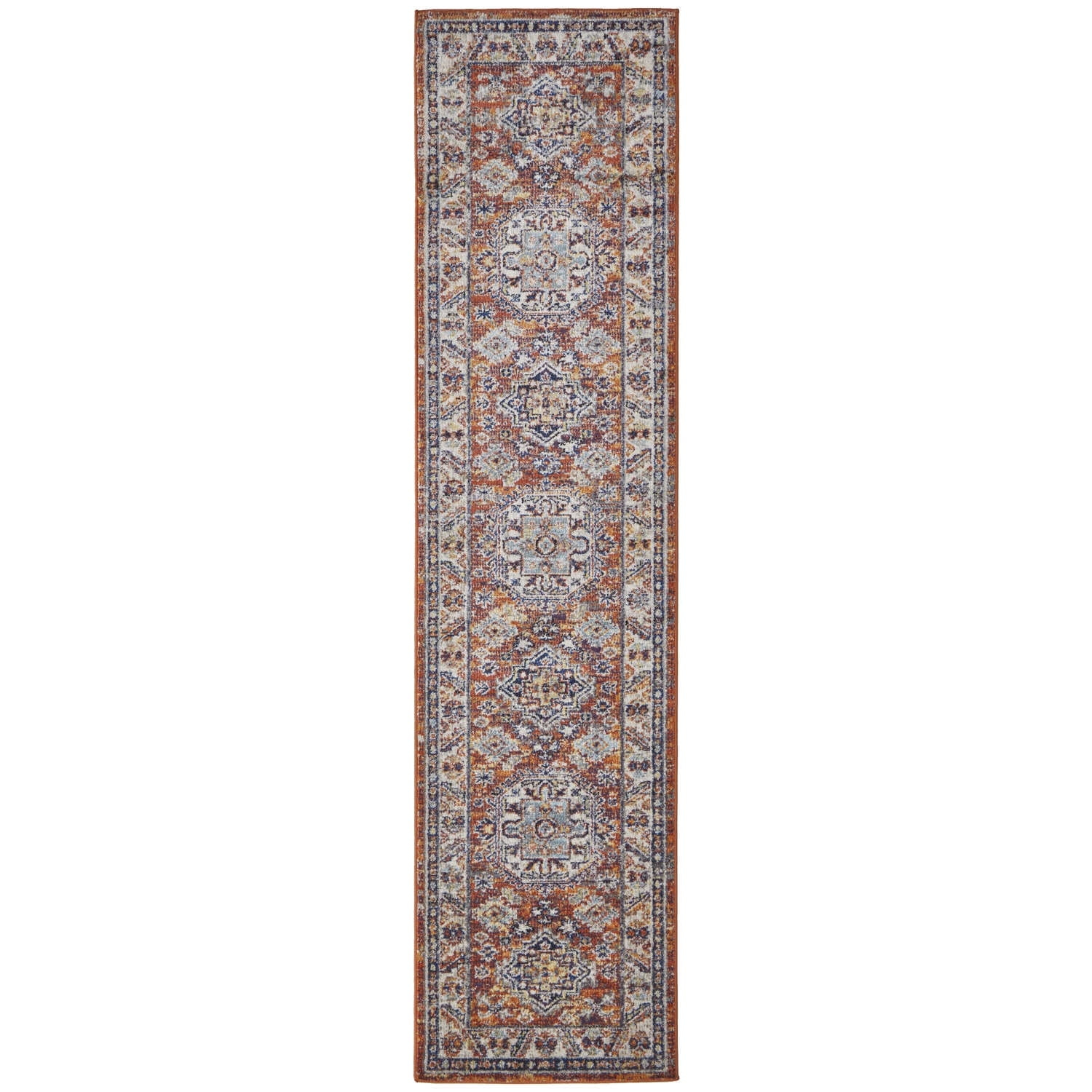 Feizy Bellini Transitional Medallion, Red/Orange/Ivory, 2' x 10' Runner Easy Care Stain Resistant Fade Resistant Casual Distressed Floor Rug for Living room Bedroom