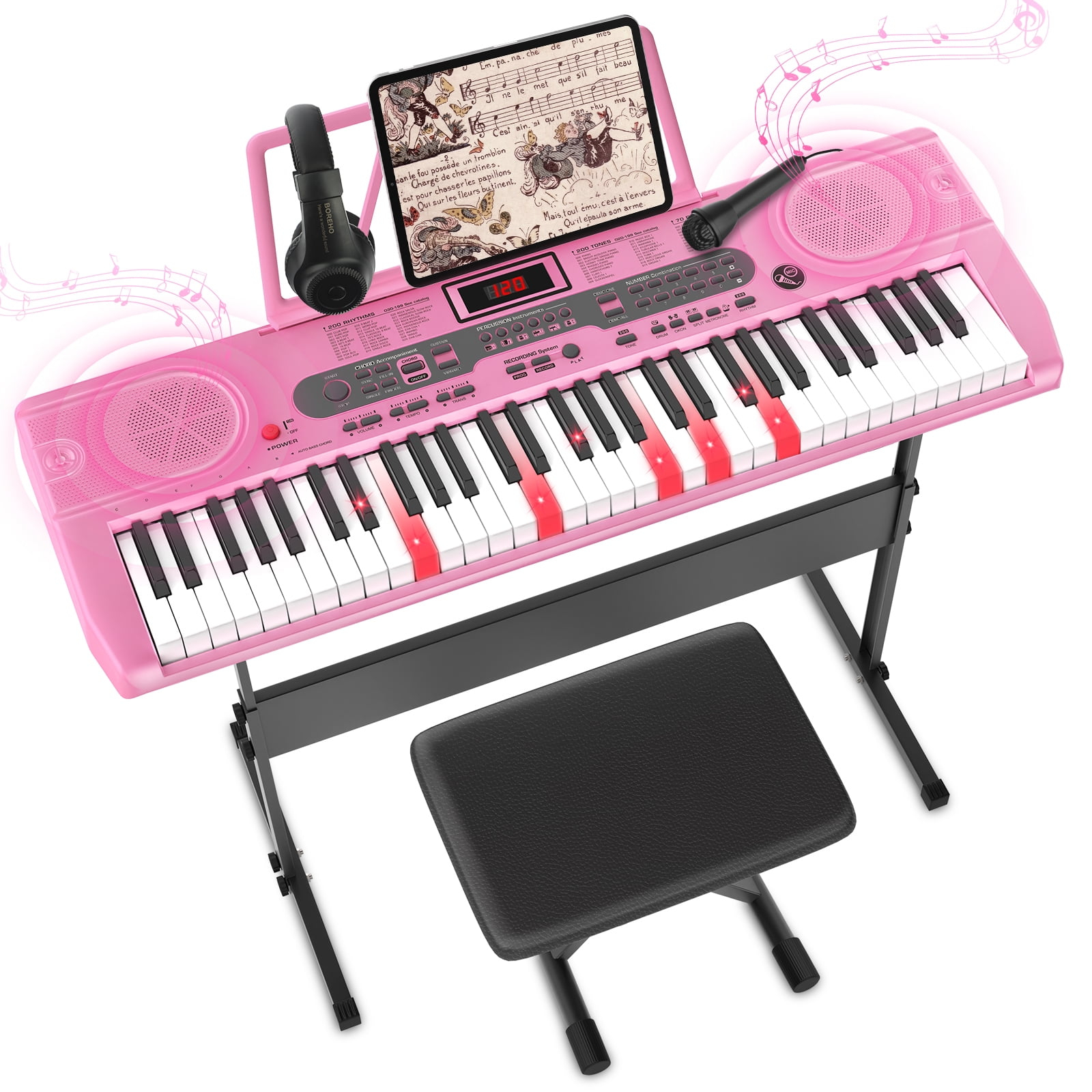 Fenbeli 61 Key Piano Keyboard with Lighted Keys Electric Keyboard Kit with Stand, Bench, Headphones, Built-in Speakers, Pink