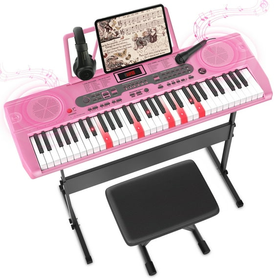Fenbeli 61 Key Piano Keyboard with Lighted Keys Electric Keyboard Kit with Stand, Bench, Headphones, Built-in Speakers, Pink