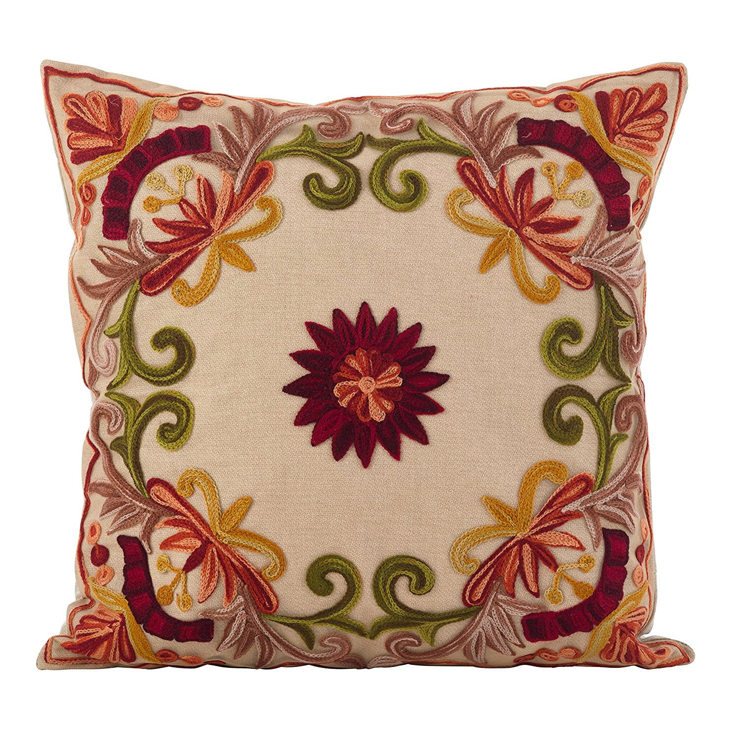 Saro Lifestyle Embroidered Floral Design Cotton Poly Filled Throw Pillow, Multi, 18" x 18"