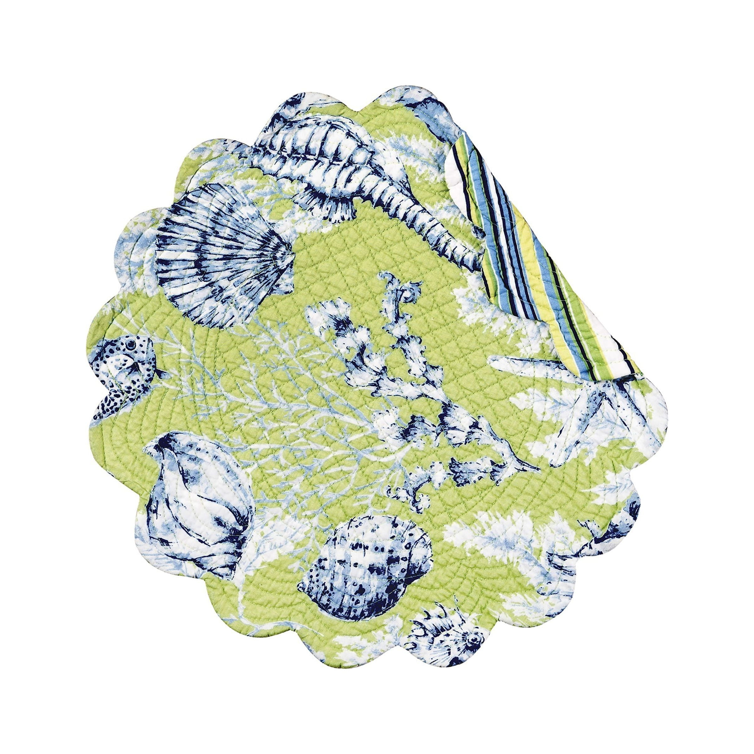 Fenwick Isle Green Coastal Sea Life Cotton Quilted Round Reversible Placemat Set of 6