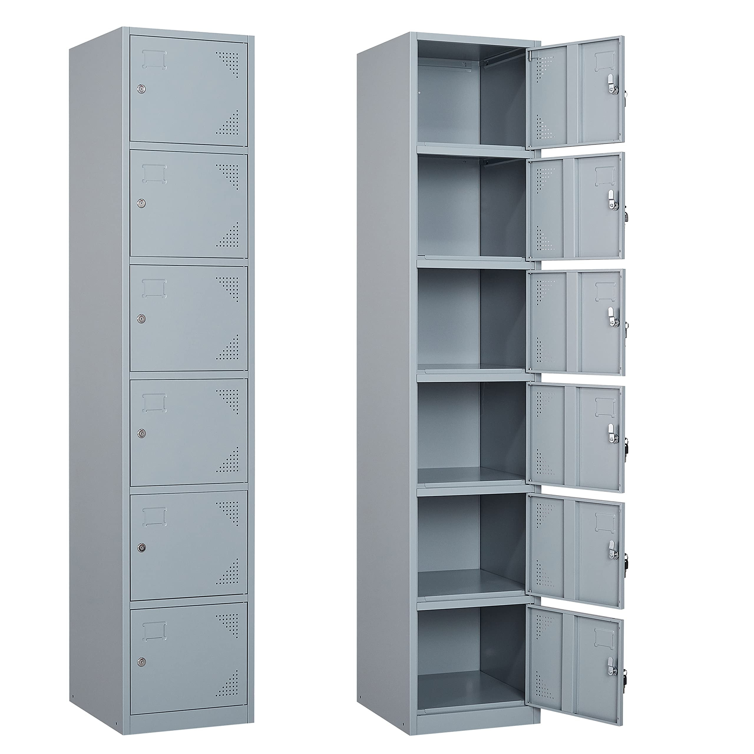 SISESOL Metal Locker Storage Cabinet with Doors and Shelves Metal Lockers with 6 Doors,71" Lockable Small Locker Storage Cabinet for Employees,School, Office, Home, Gym (Gray)
