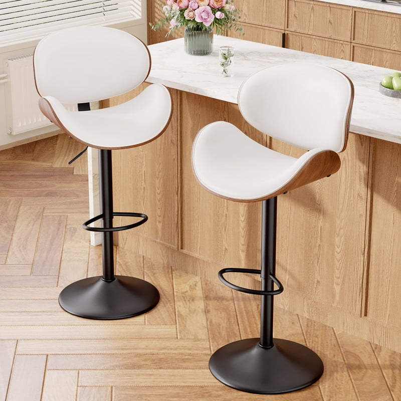Fijinhom Bar Stools Set of 2, Adjustable Swivel Barstools with Bentwood Back & Leather Seat for Kitchen, Bar, Dining Room