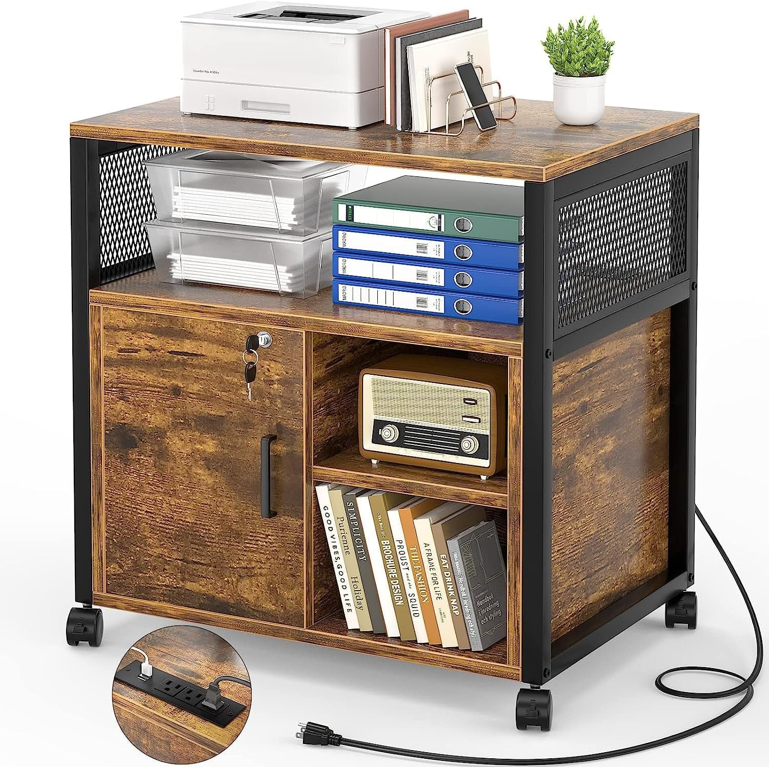 File Cabinet, Locking Office Filing Cabinets with Socket and USB Charging Port, Modern Rolling Printer Stand with Storage for Printer Scanner Fax Home Office Use with Wheels,Brown