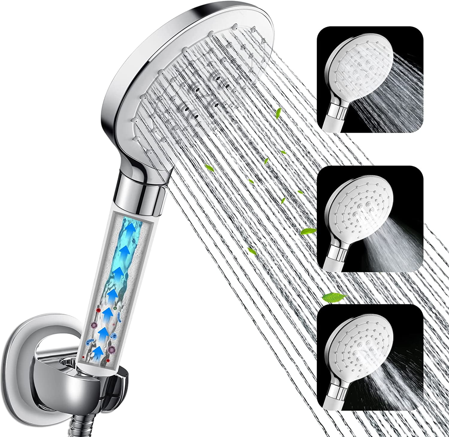 Filtered Shower Head for Hard Water, 3 Modes High Pressure Showerhead with Filter, 78.7-inch Extra Long Hose, Adhesive Shower Head Holder