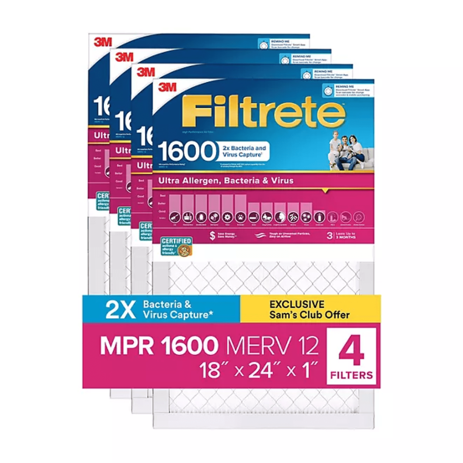 Filtrete Air Filter, MPR 1600, MERV 12, Healthy Living Ultra-Allergen 3-Month Pleated 1-Inch Air Filters (Pack of 4)
