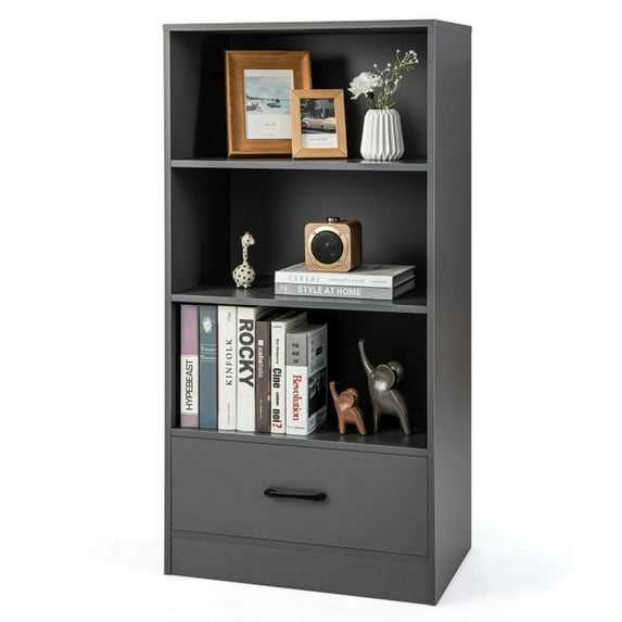 Resenkos Bookshelf,Shelf, Open Bookcase Book Shelf,Storage Shelf Unit Plant Stand,48 Inch Tall 4 Tiers Wood Bookcase with Drawer-Gray