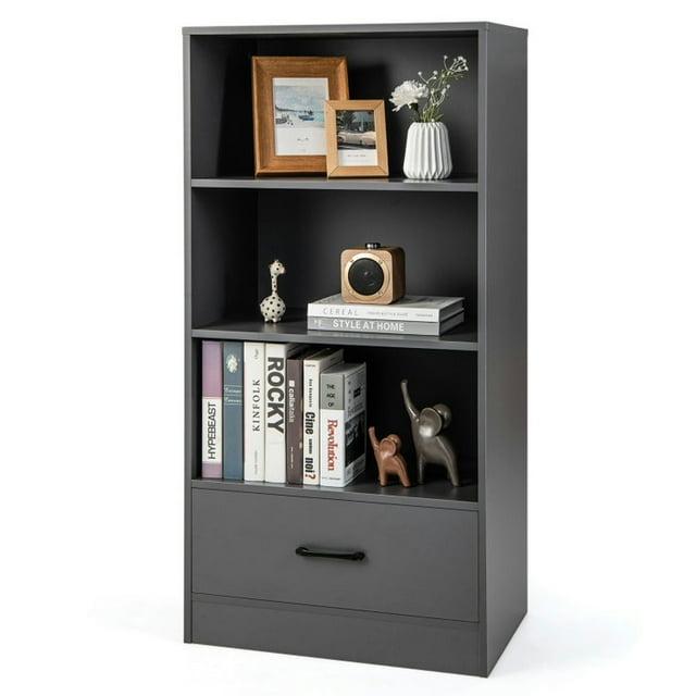 Resenkos Bookshelf,Shelf, Open Bookcase Book Shelf,Storage Shelf Unit Plant Stand,48 Inch Tall 4 Tiers Wood Bookcase with Drawer-Gray