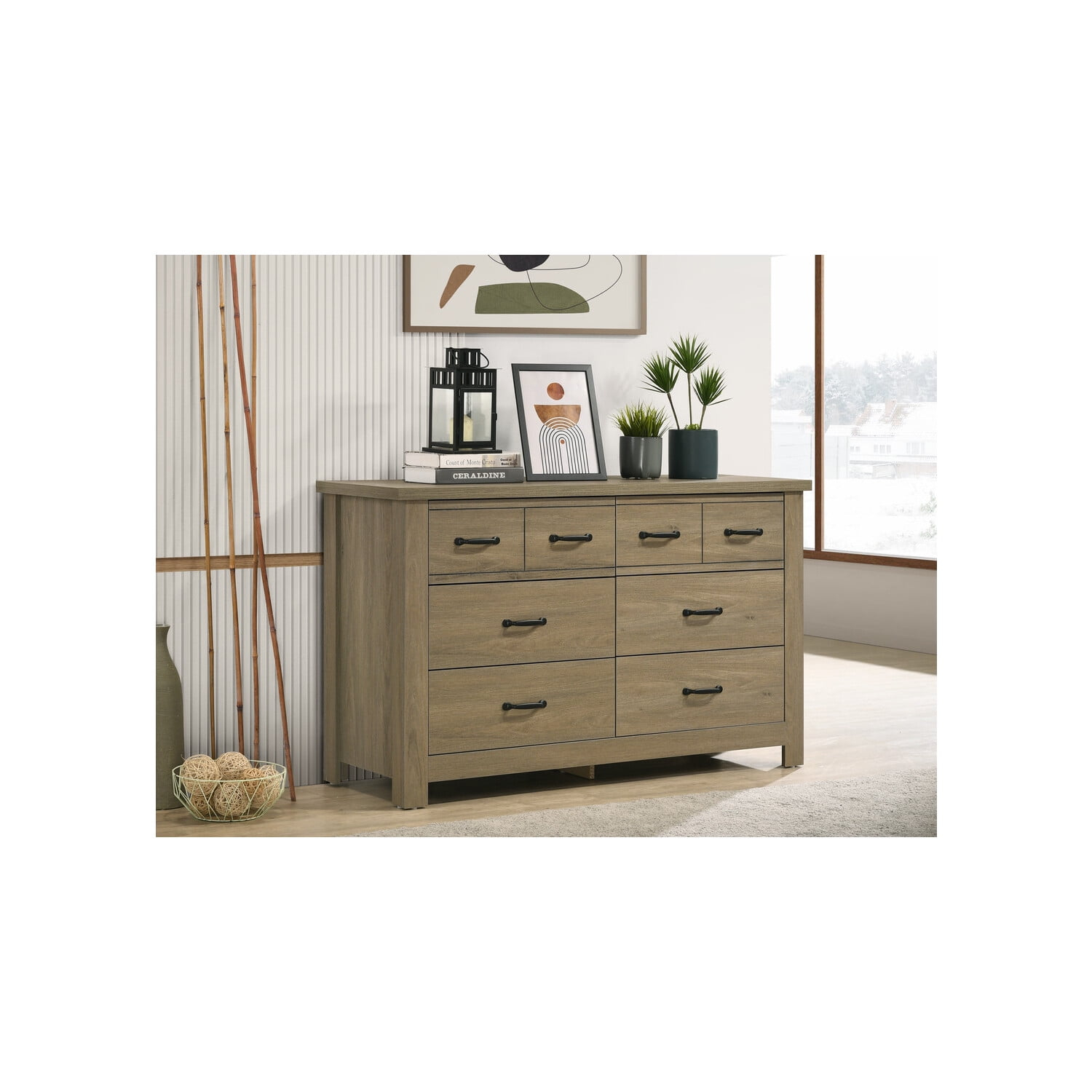 Lilola Home Finn Coffee Gray Oak Finish Dresser with 6 Drawers and Black Handles
