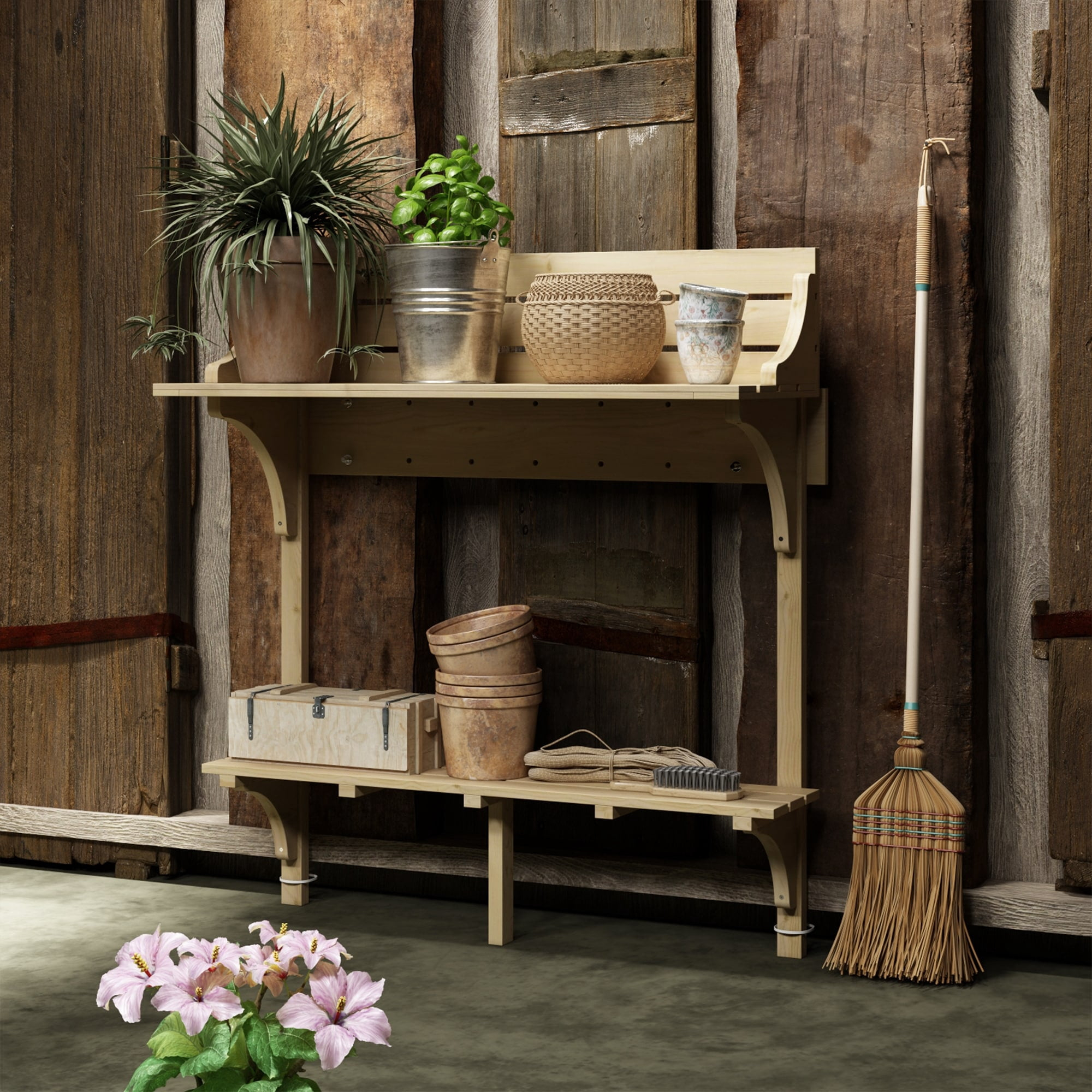 Fir Wood Garden Potting Table with Two Shelves