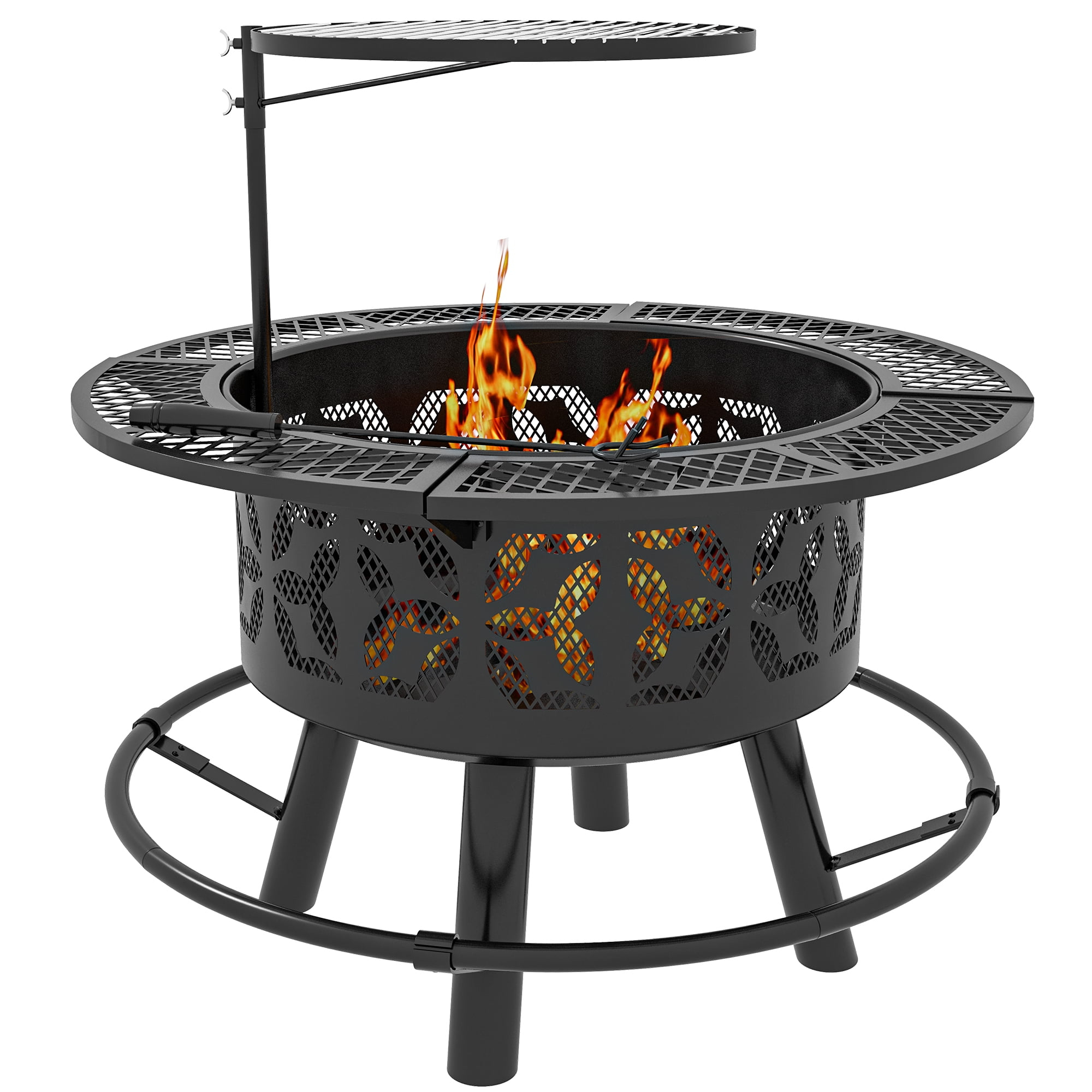 Fire Pit for Outside, 33" Outdoor Wood Burning Firepit Bowl with Grill Grate, Large Round Metal Patio Ranch Fireplace BBQ Tables for Camping, Outdoor Heating, Bonfire and Picnic, Black