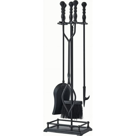 Barton 5pcs Rustic Fireplace Tools Set Hearth Iron Poker Wood Stove Log Tongs Holder Brush Set