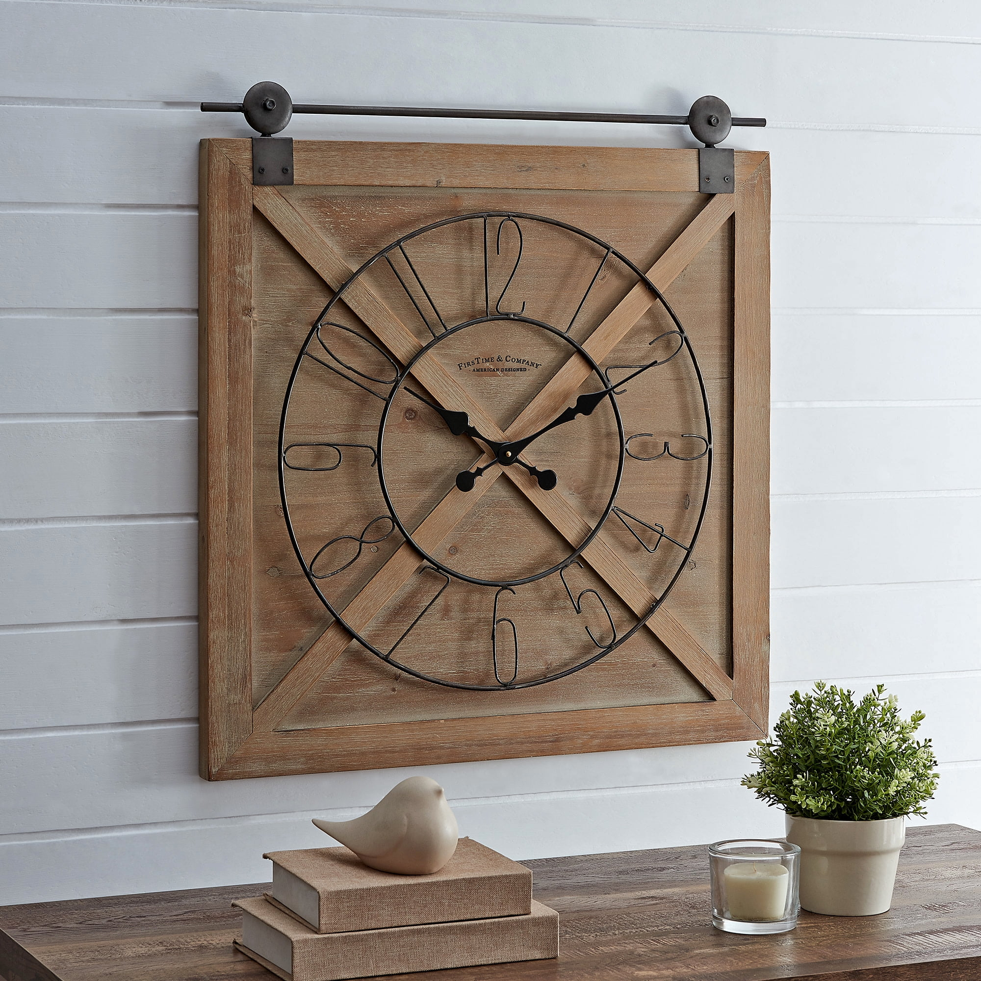 FirsTime & Co. Brown Farmstead Barn Door Wall Clock, Farmhouse, Analog, 27 x 2 x 29 in