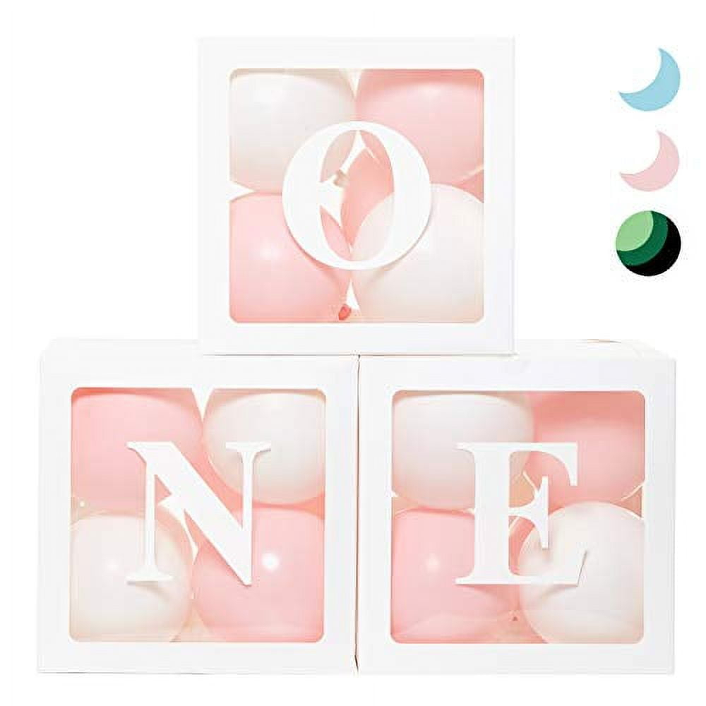 First Birthday Balloon 'ONE' Boxes for Baby Girl WITH 24 Balloons - Baby 1st Birthday Girl Decoration Clear Cube Blocks 'ONE' Letters as Cake Smash Photoshoot Props First Birthday Decorations Bac