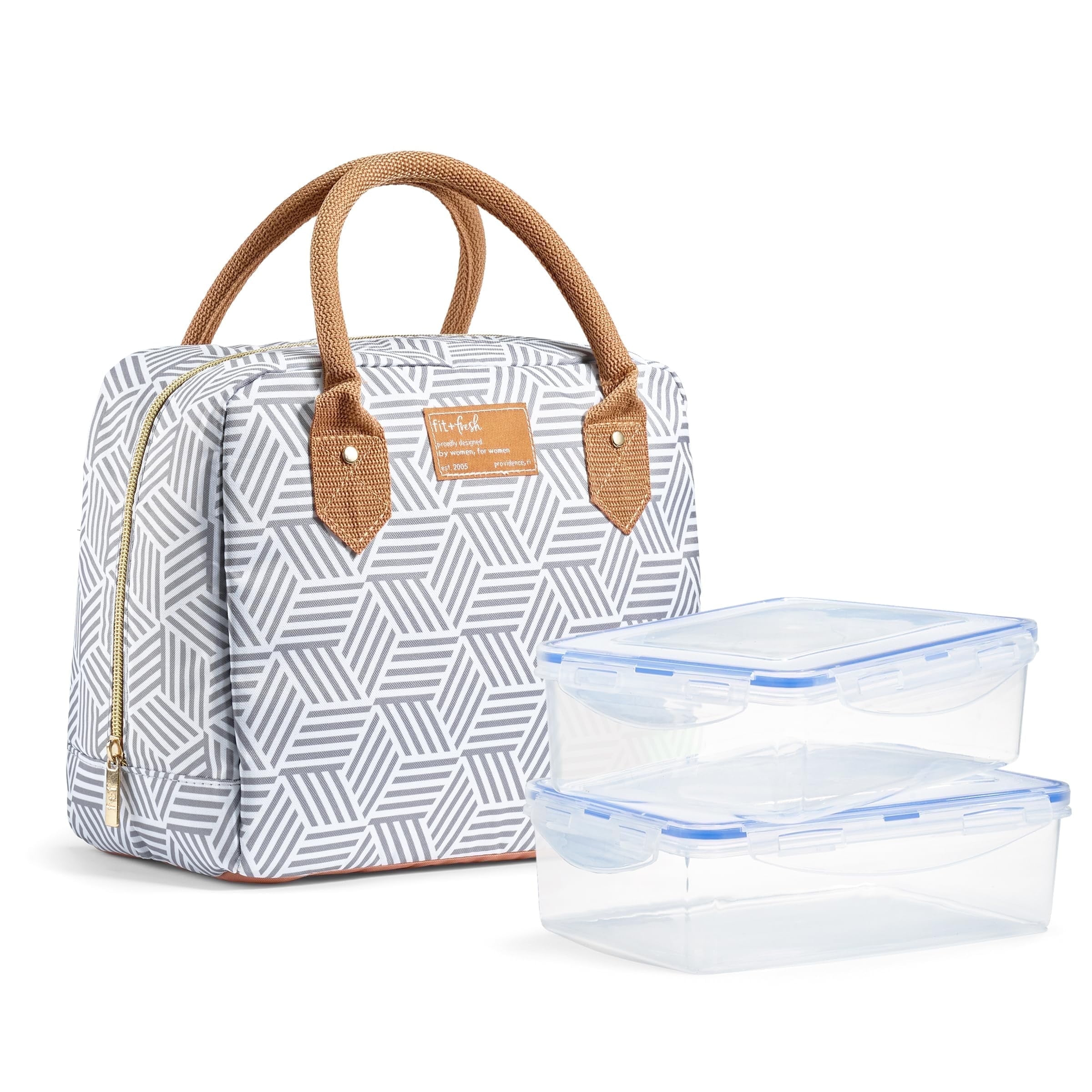 Fit + Fresh Bloomington Womens Lunch Bag, Insulated Lunch Box With Containers, Grey Seaport