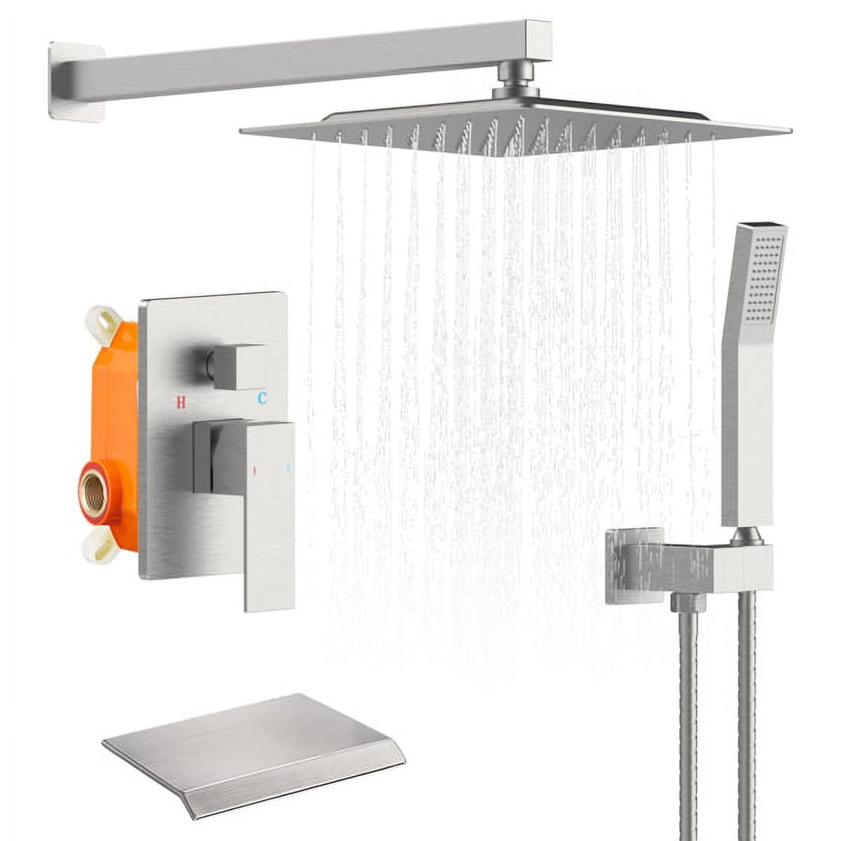 Fithood Rain Shower System Brushed Nickel Tub Shower Faucet Set 10 Inch Square Rainfall Shower Head with Handheld Sprayer and Waterfall Tub Spout Pressure Balance Rough-in Valve Shower Mixer Combo