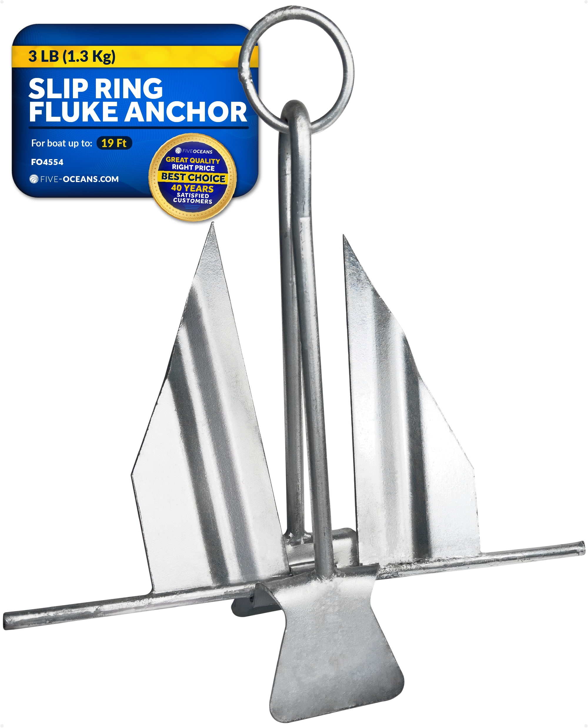 Five Oceans Boat Anchor - Fluke Anchor, 3 Lb, Galvanized Steel Slip Ring Boat Anchor, Boat Anchors, Small Boat Anchor for Kayak, Dinghies Personal Watercraft Paddleboards Canoes Small Boats - FO4554