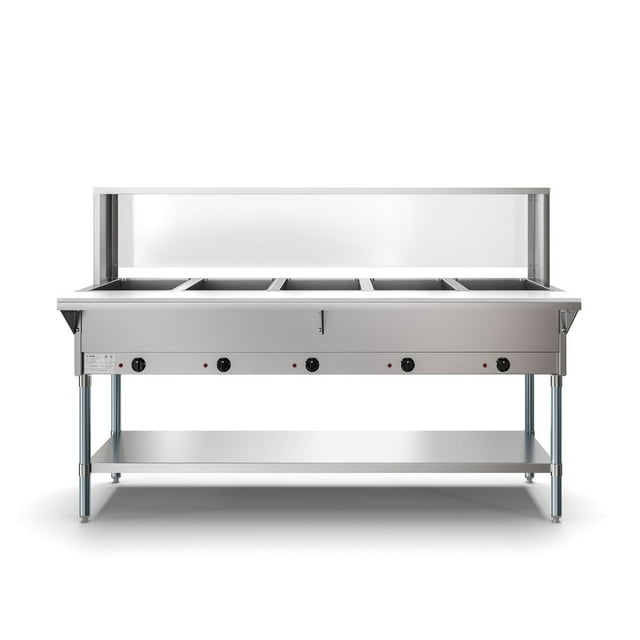 Five Pan Open Well Electric Steam Table with Undershelf and Sneeze-Guard, 240V, KM-OWS-5SG.