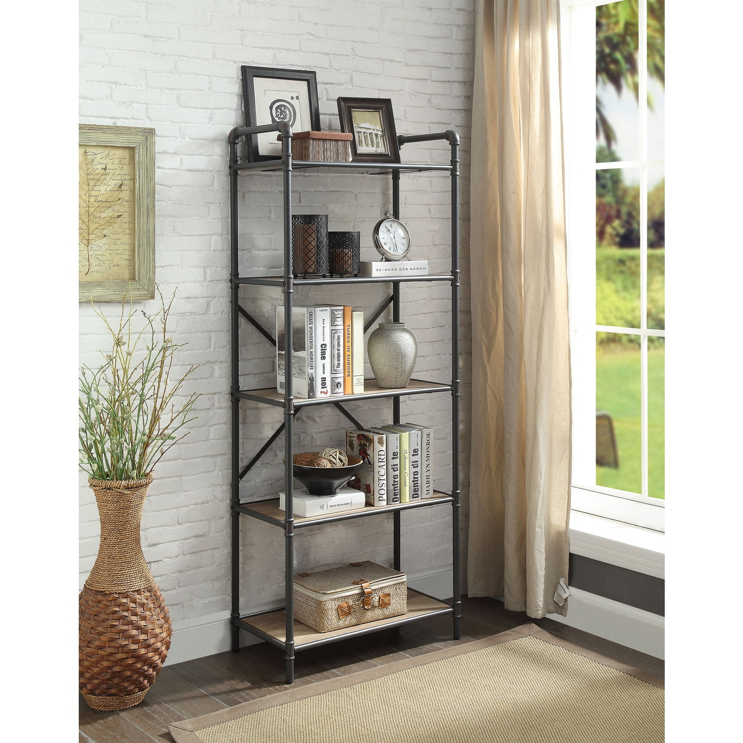 Five Tier Metal Bookshelf With Wooden Shelves in Oak Brown & Gray