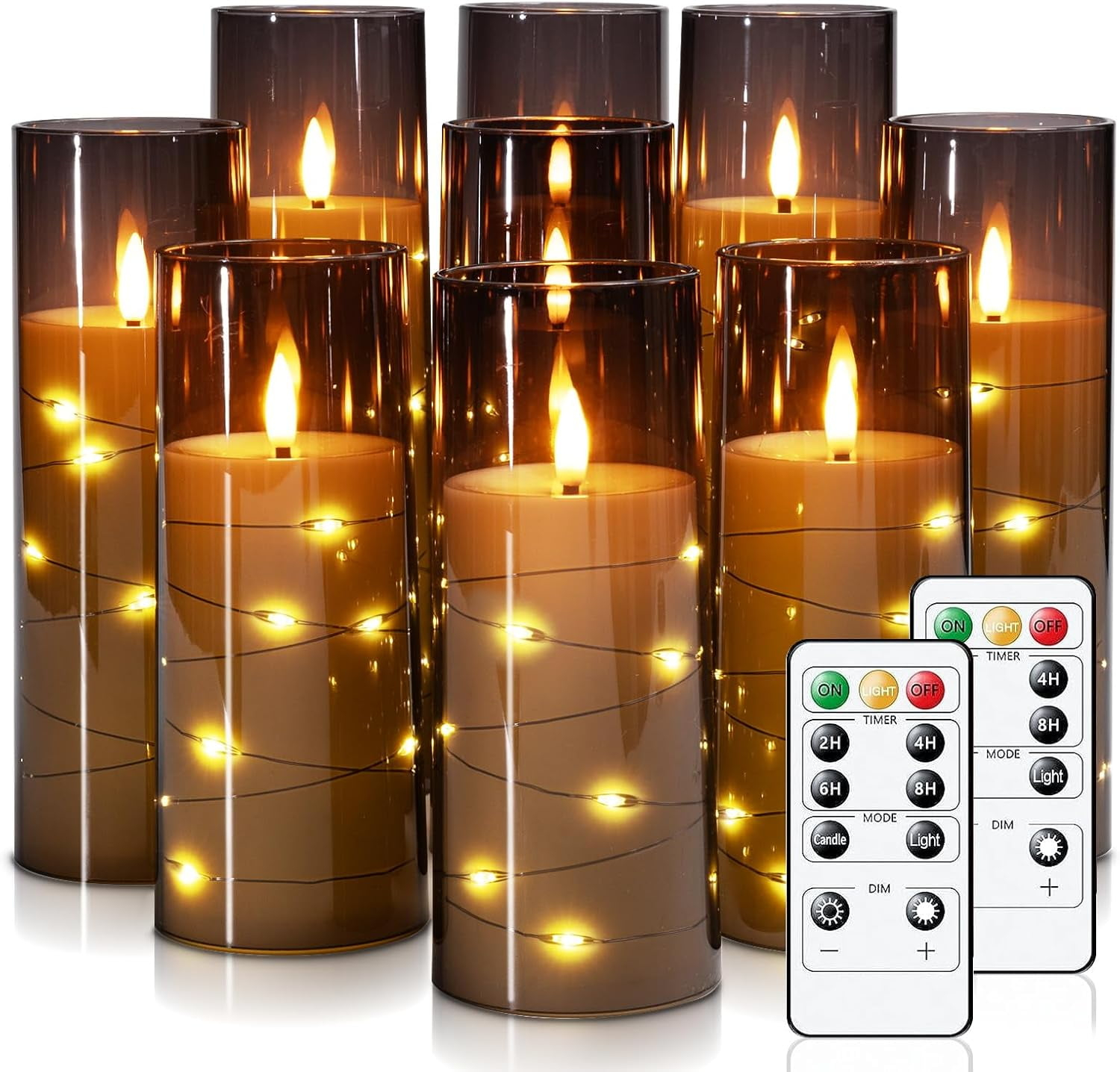 Raycare Flameless LED Candles with Embedded Star String, 9 Pcs Battery Operated Acrylic Pillar Candles with Timer and Remote, Flickering for Romantic Ambiance and Home Decoration (Grey)