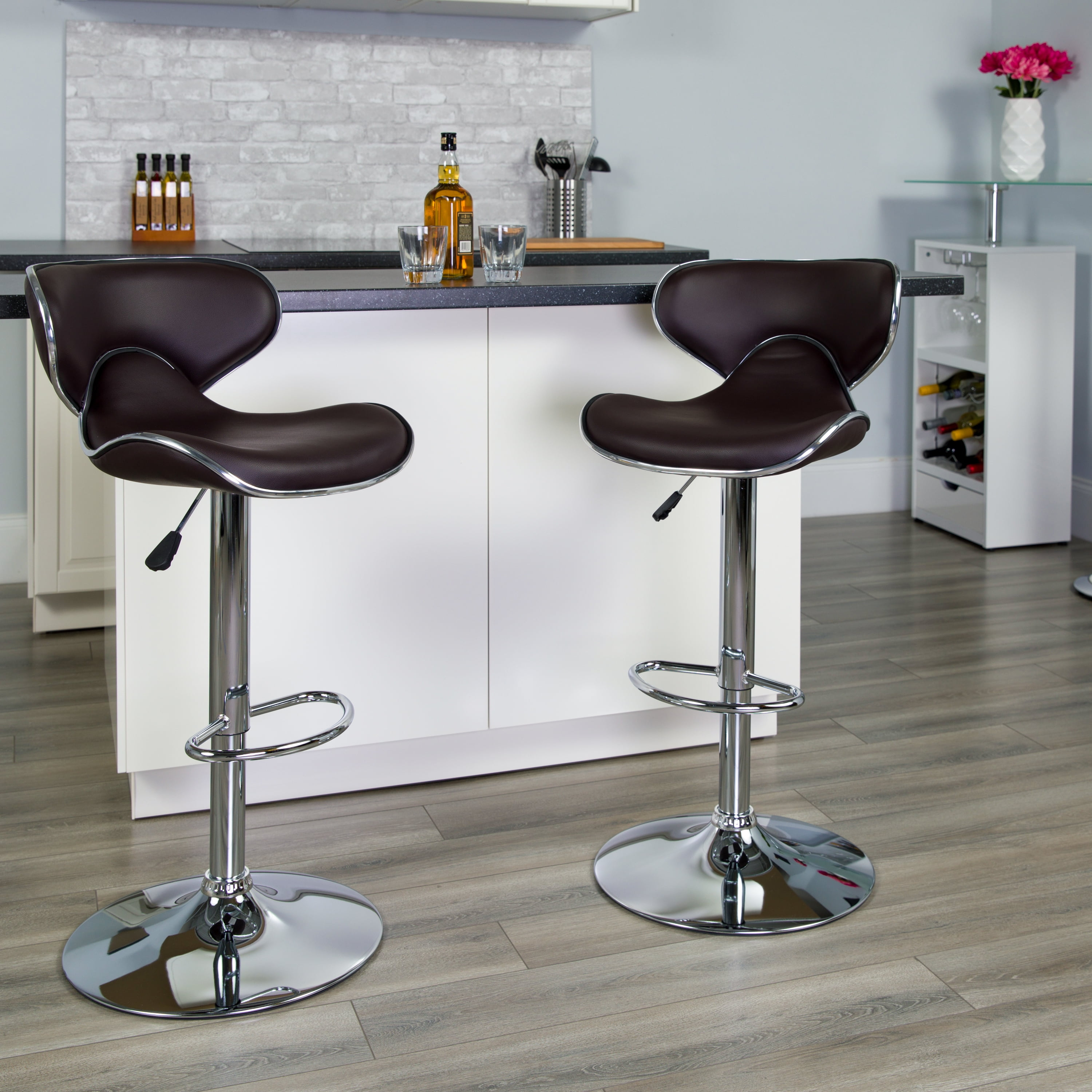 Flash Furniture 2 Pack Contemporary Cozy Mid-Back Brown Vinyl Adjustable Height Barstool with Chrome Base