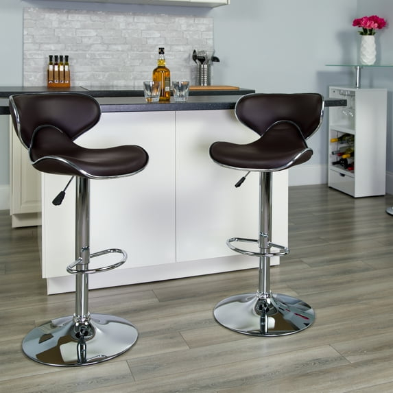 Flash Furniture 2 Pack Contemporary Cozy Mid-Back Brown Vinyl Adjustable Height Barstool with Chrome Base