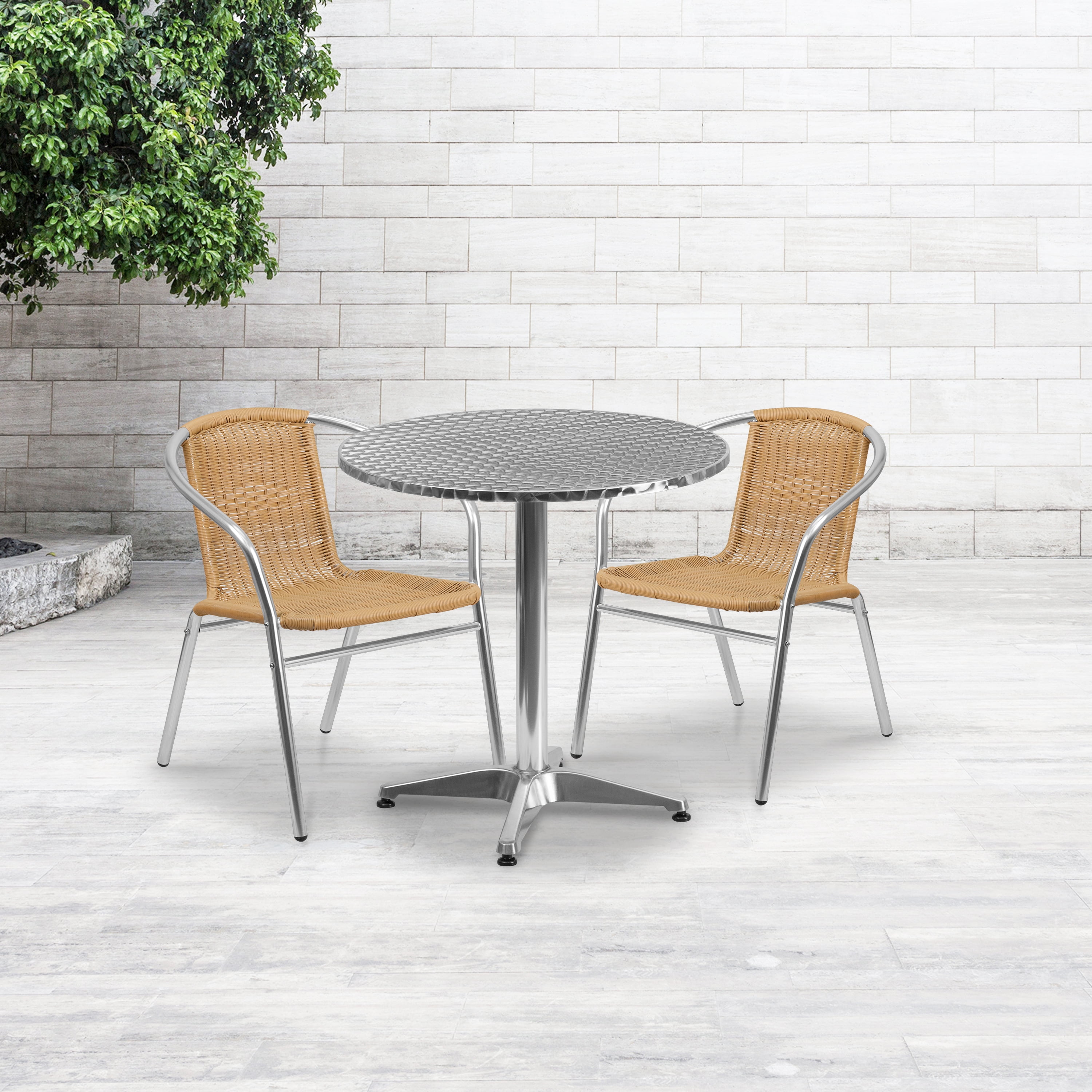 Flash Furniture 27.5'' Round Aluminum Indoor-Outdoor Table Set with 2 Beige Rattan Chairs