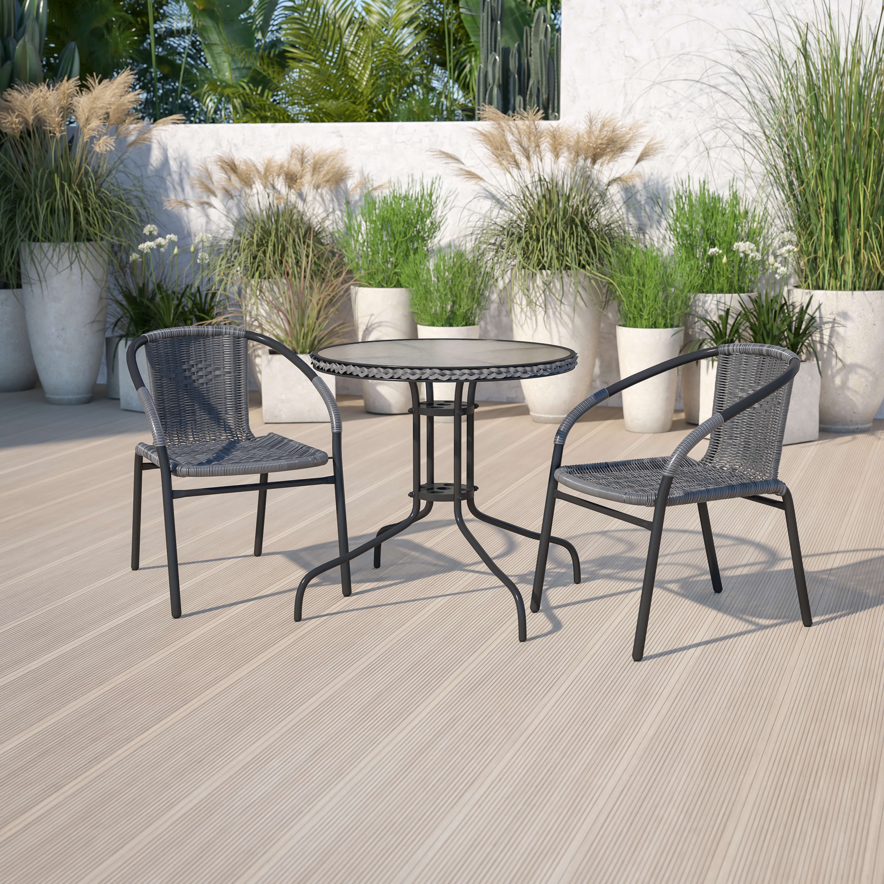 Flash Furniture Lila 28'' Round Glass Metal Table with Gray Rattan Edging and 2 Gray Rattan Stack Chairs