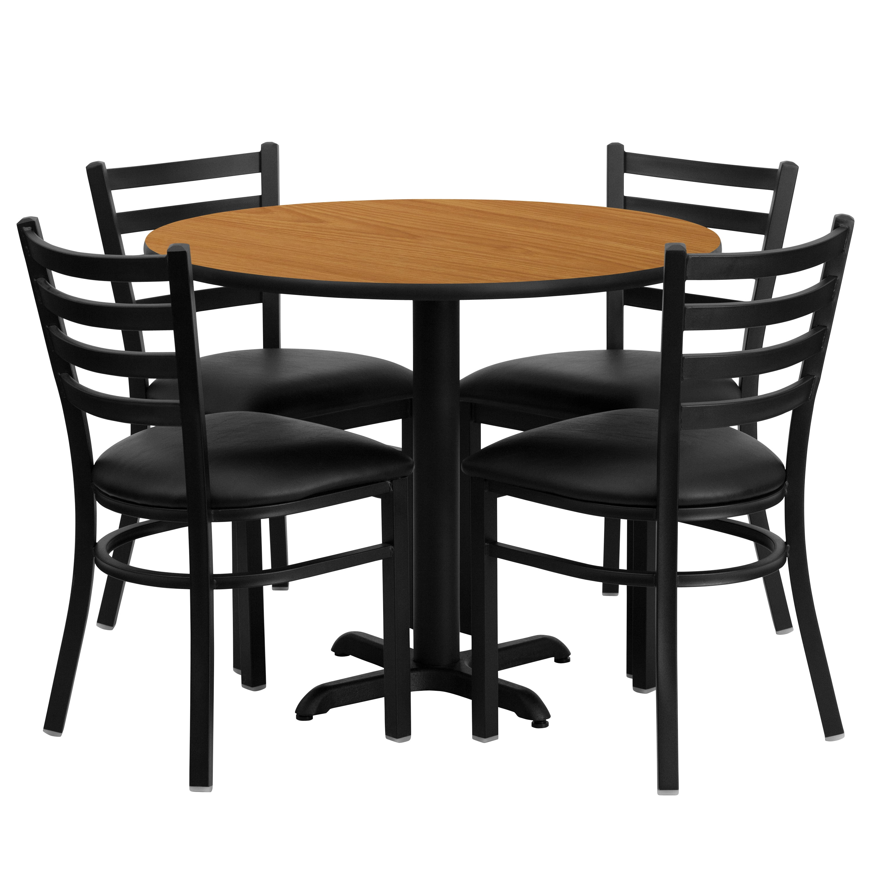 Flash Furniture 36'' Round Natural Laminate Table Set with X-Base and 4 Ladder Back Metal Chairs - Black Vinyl Seat