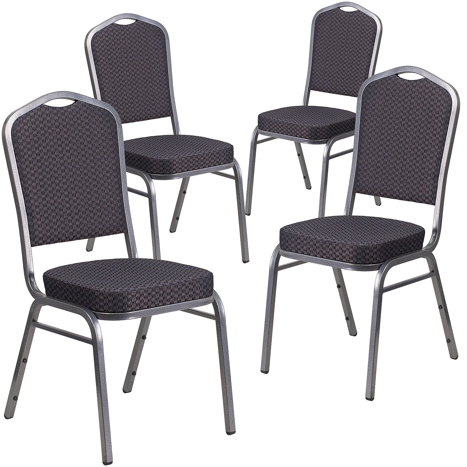 BizChair 4 Pack Crown Back Stacking Banquet Chair in Black Patterned Fabric - Silver Vein Frame