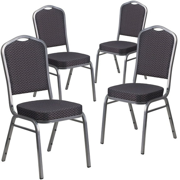 BizChair 4 Pack Crown Back Stacking Banquet Chair in Black Patterned Fabric - Silver Vein Frame