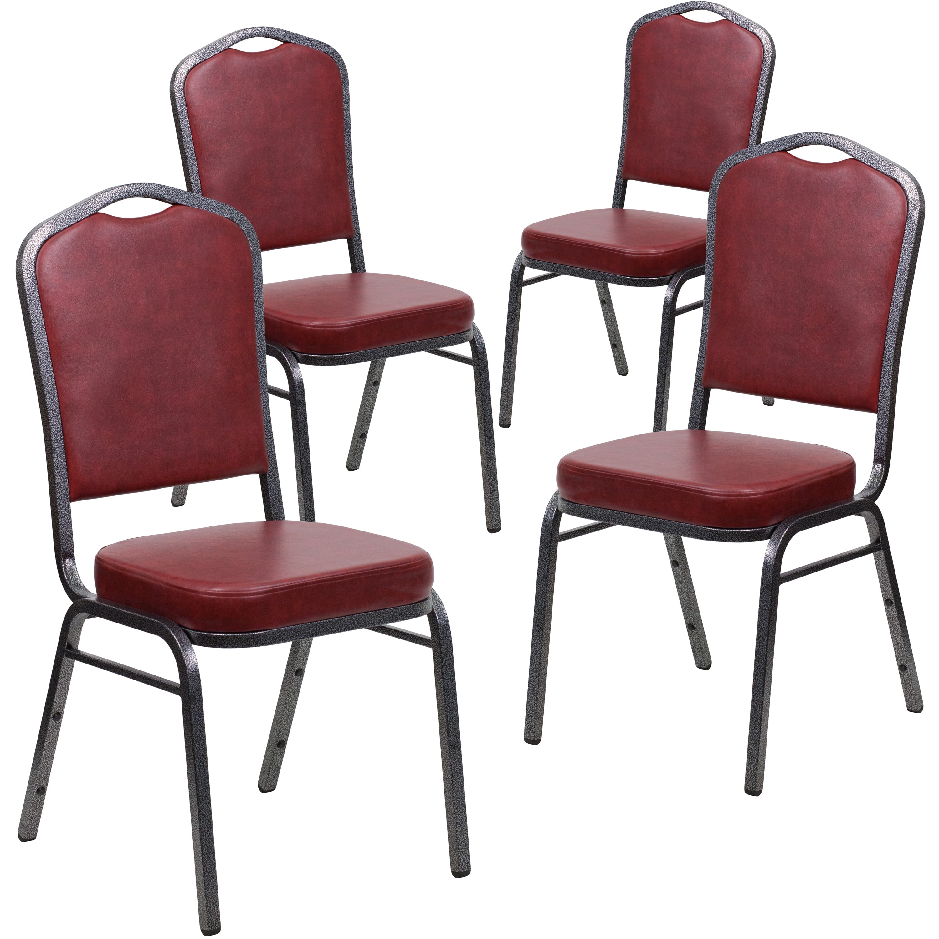 BizChair 4 Pack Crown Back Stacking Banquet Chair in Burgundy Vinyl - Silver Vein Frame