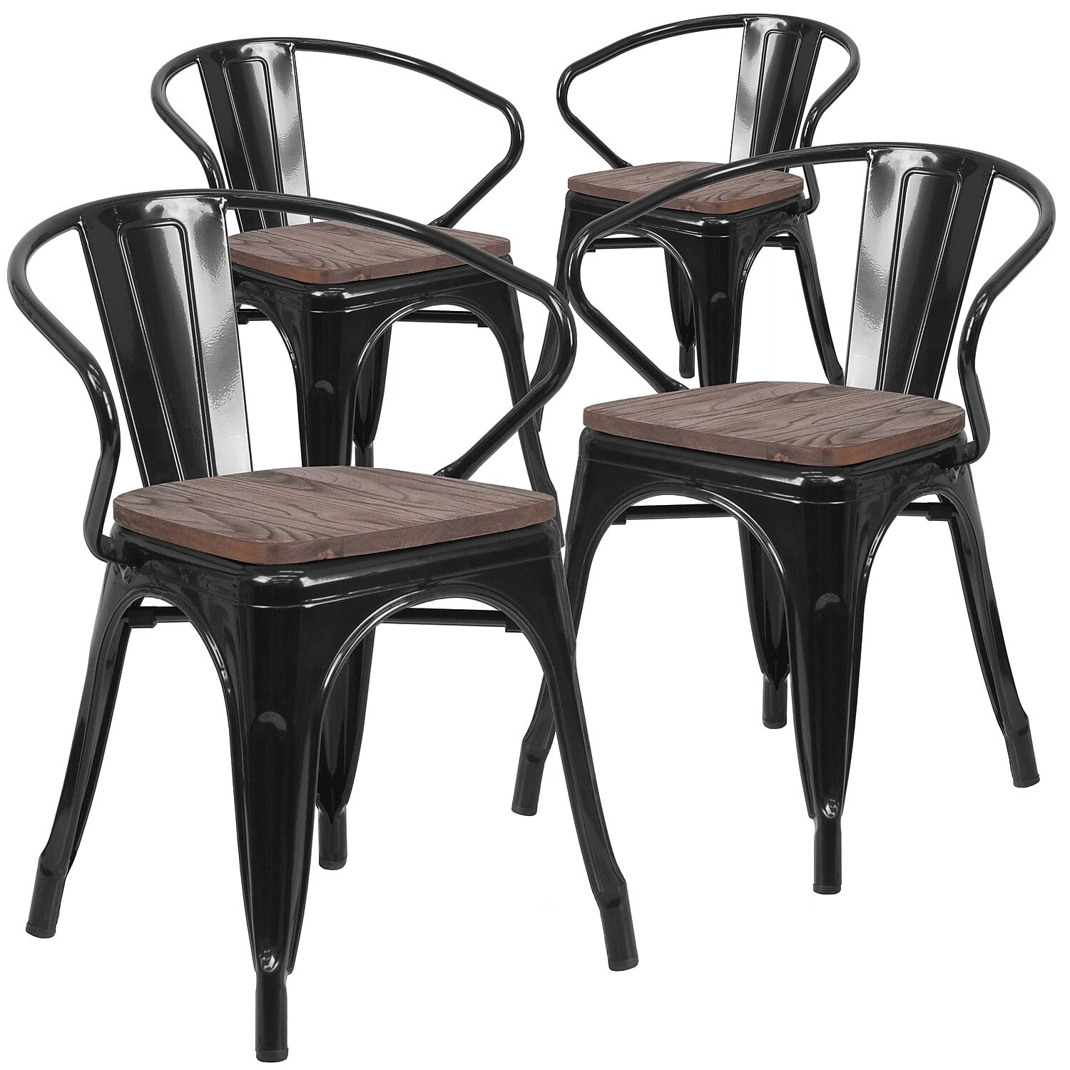 Flash Furniture 4 Pk. Black Metal Chair with Wood Seat and Arms