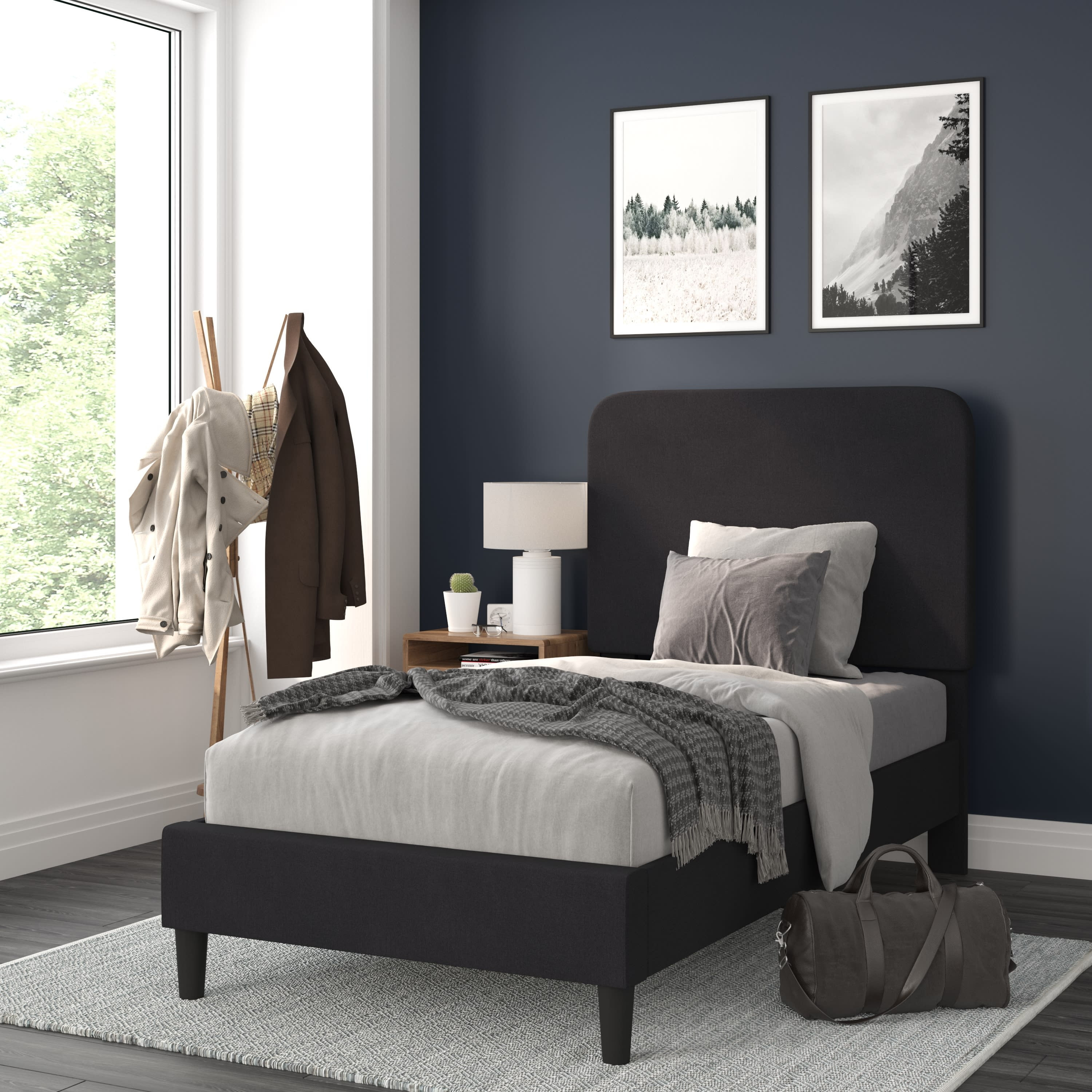 Flash Furniture Addison Charcoal Twin Fabric Upholstered Platform Bed - Headboard with Rounded Edges - No Box Spring or Foundation Needed