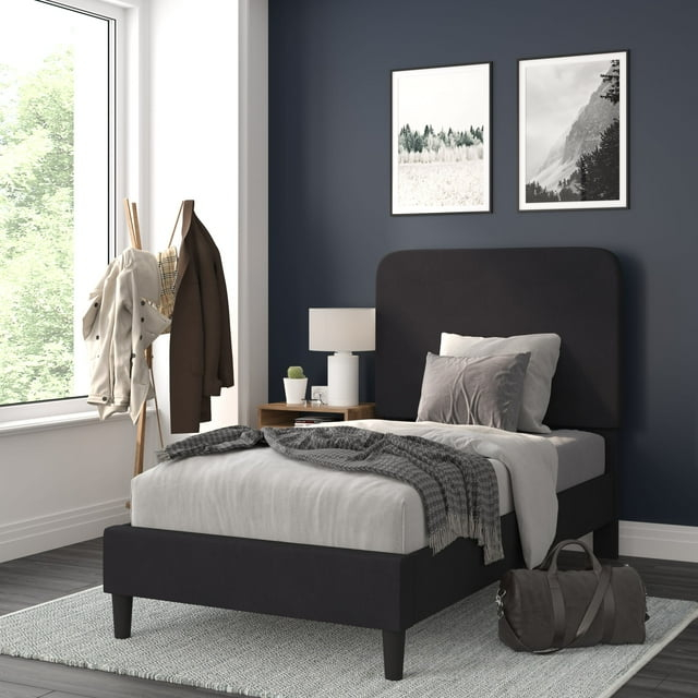 Flash Furniture Addison Charcoal Twin Fabric Upholstered Platform Bed - Headboard with Rounded Edges - No Box Spring or Foundation Needed