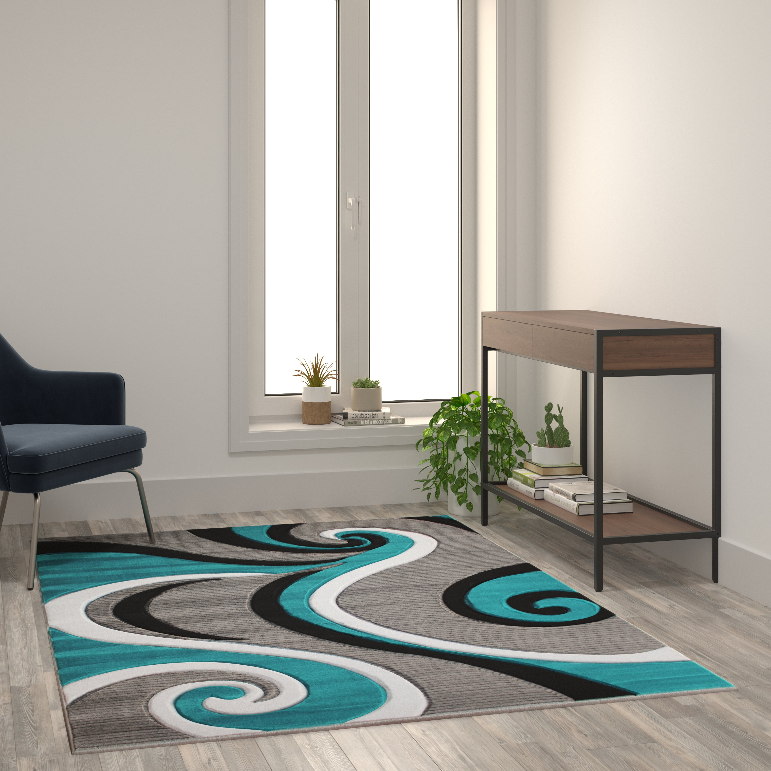 Flash Furniture Athos Rectangular Contemporary White, Black, Grey, Turquoise Area Rug, 5' x 7'