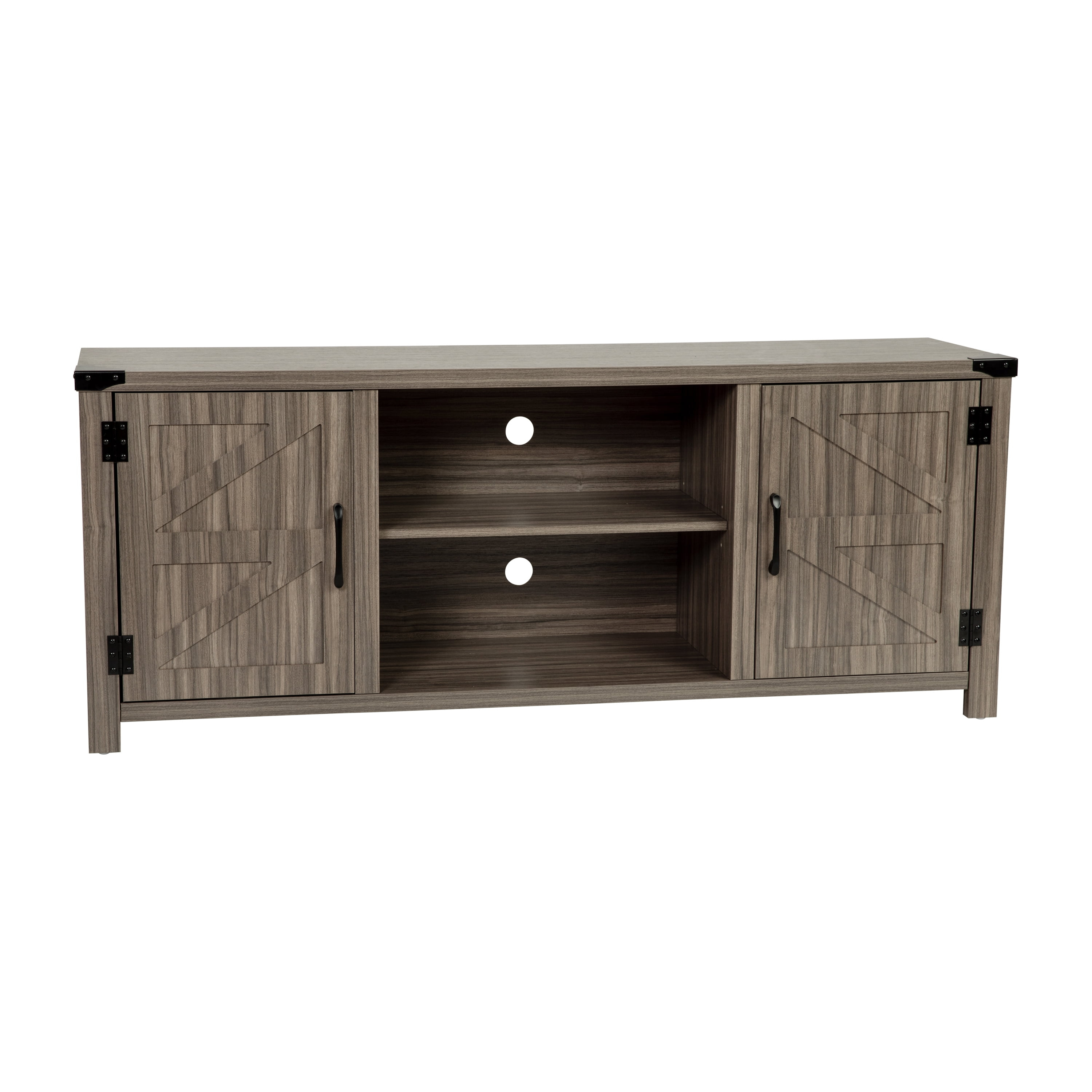 BizChair Modern Farmhouse Barn Door TV Stand - Gray Wash Oak for TV's up to 65 Inches - 59" Entertainment Center with Adjustable Shelf