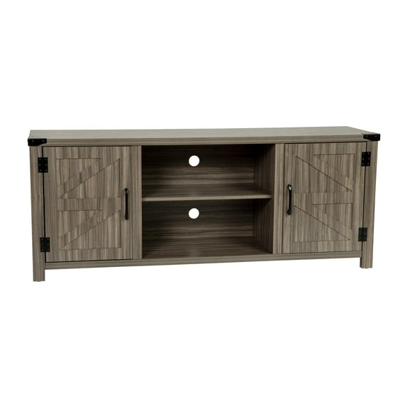BizChair Modern Farmhouse Barn Door TV Stand - Gray Wash Oak for TV's up to 65 Inches - 59" Entertainment Center with Adjustable Shelf