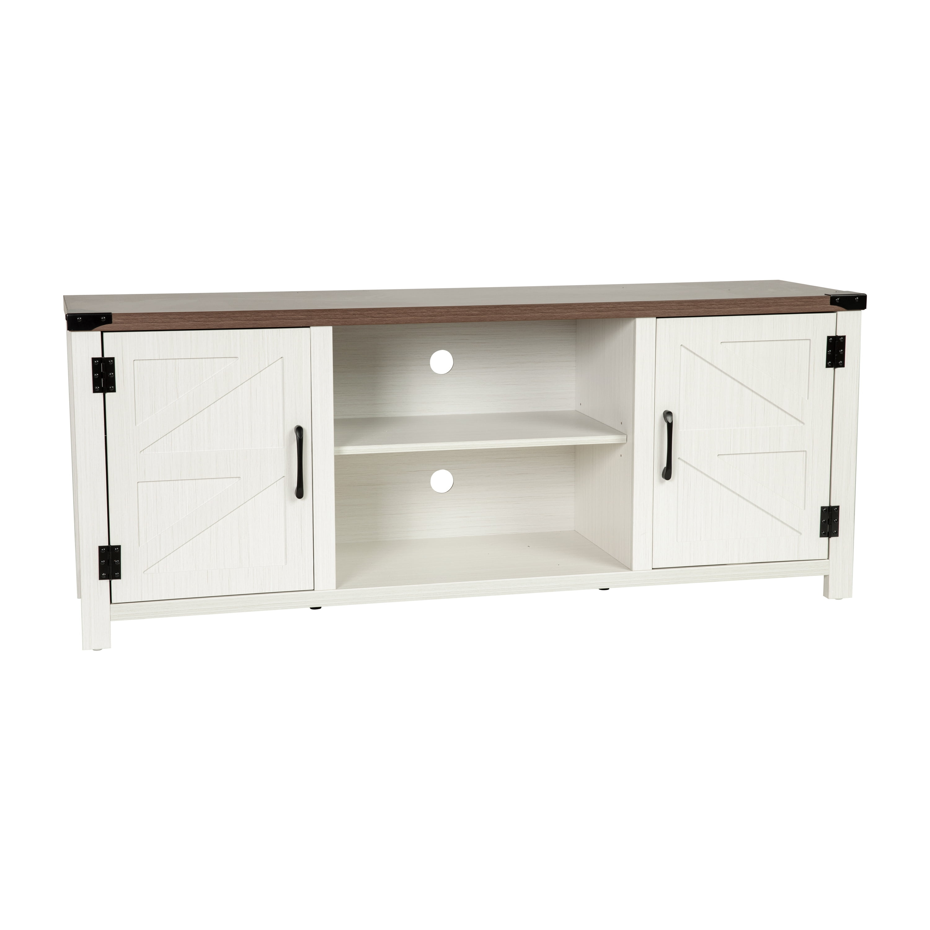 Emma + Oliver Barn Door Style TV Stand for up to 65" TV's - White Wash with Walnut Top Entertainment Center - 59" Media Console with Adjustable Middle Shelf