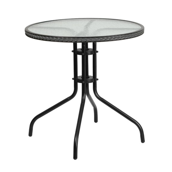 Flash Furniture Barker 28'' Round Tempered Glass Metal Table with Gray Rattan Edging